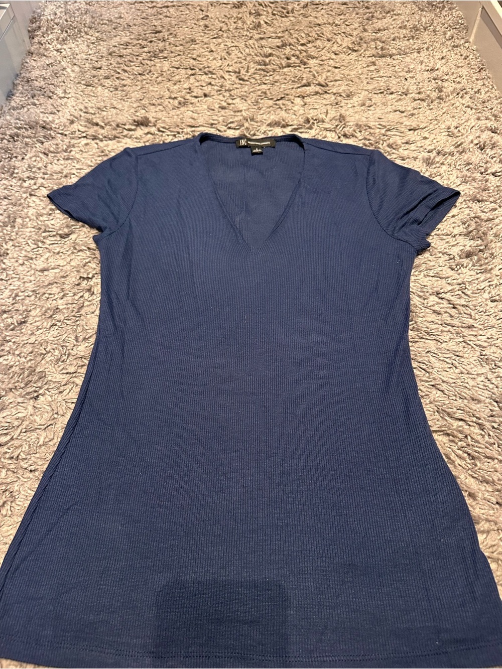 INC International Concepts Navy V-Neck Ribbed Short Sleeve Top